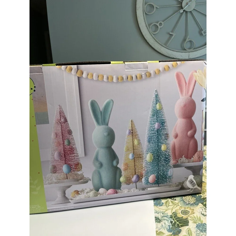 2 Flocked Bunnies Rabbits And 3 Bottlebrush Trees w Egg 5pc Easter Spring Decor